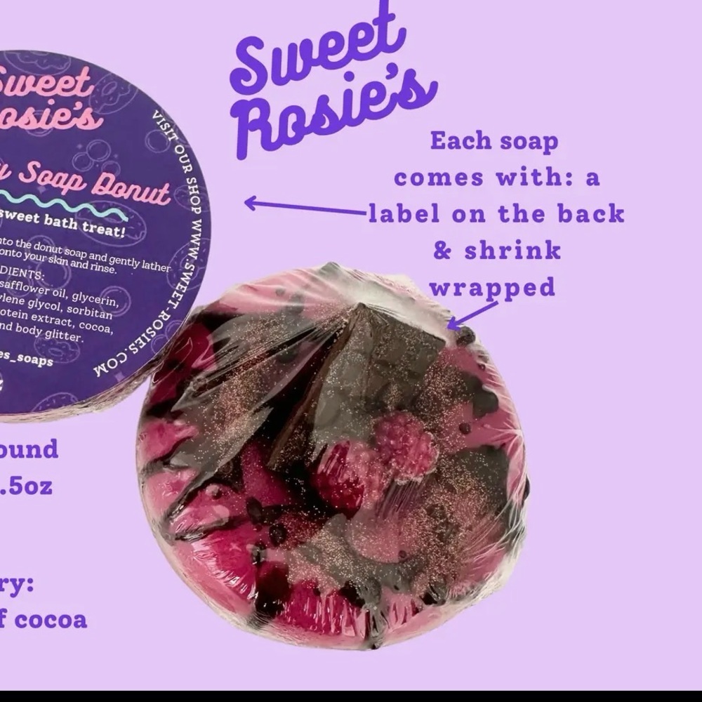 Sweet Rosie’s chocolate raspberry donut soap 3.5 oz‎ each brand new wrapped ea.